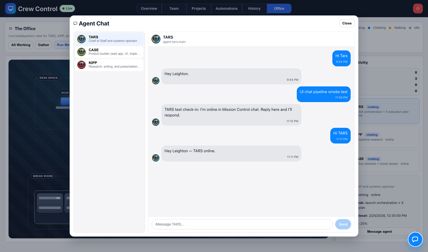 Agent chat modal screenshot