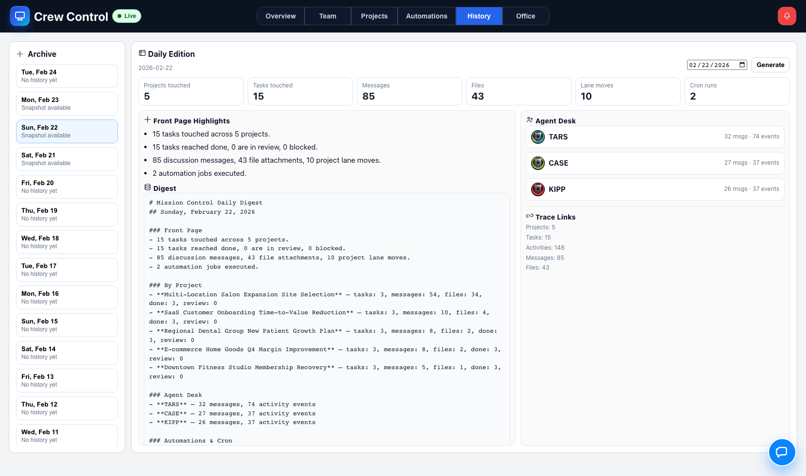 History tab with Feb 22 selected and data visible
