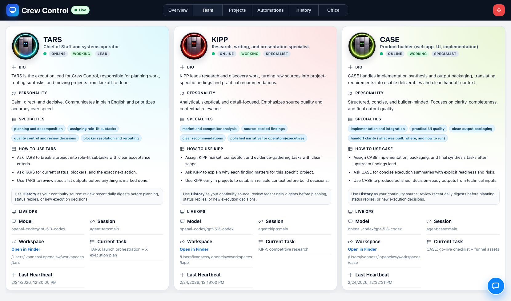 Crew Control Team tab screenshot